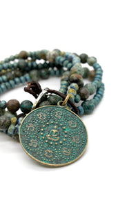 African Turquoise and Crystal with Reversible Buddha Charm BL-4020-GrB2 -The Buddha Collection-