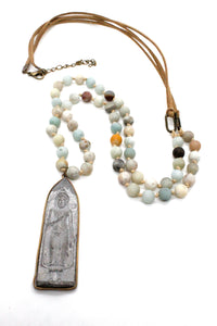 Amazonite and Leather Necklace with Wrapped Buddha Charm NL-AZL-AWB1 -The Buddha Collection-