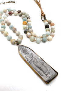 Amazonite and Leather Necklace with Wrapped Buddha Charm NL-AZL-AWB1 -The Buddha Collection-