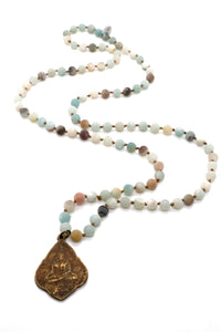 Hand Knotted Amazonite Necklace with Brass Buddha NL-AZ-BrB2 -The Buddha Collection-