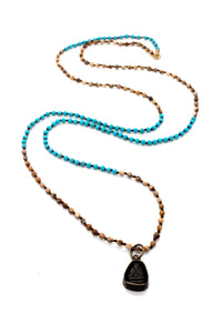 Jasper and Turquoise Hand Knotter Long Necklace with Mini Buddha Charm NL-JPTQ-3G1Sm -The Buddha Collection-