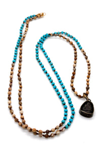 Jasper and Turquoise Hand Knotter Long Necklace with Mini Buddha Charm NL-JPTQ-3G1Sm -The Buddha Collection-