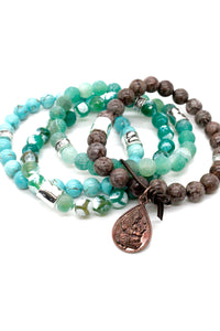 Stone Stretch Stack Bracelet with Copper Ganesh Charm BL-M18-3G1C -The Buddha Collection-