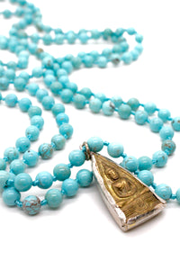 Extra Long Hand Knotted Turquoise Necklace with Two Tone Buddha NLL-TQ-B -The Buddha Collection-