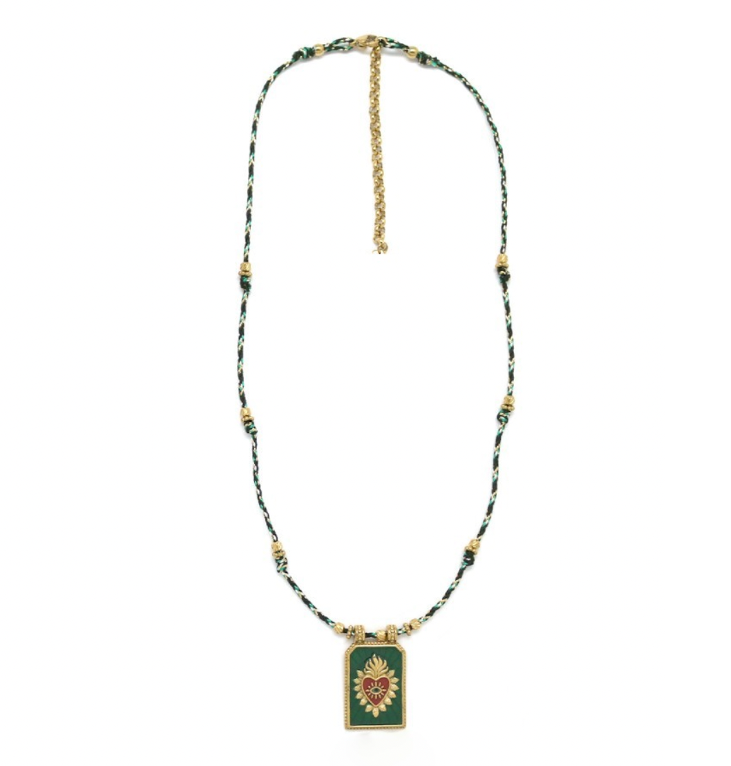 Gold and Green Flaming Heart Cord Necklace - N2-2603