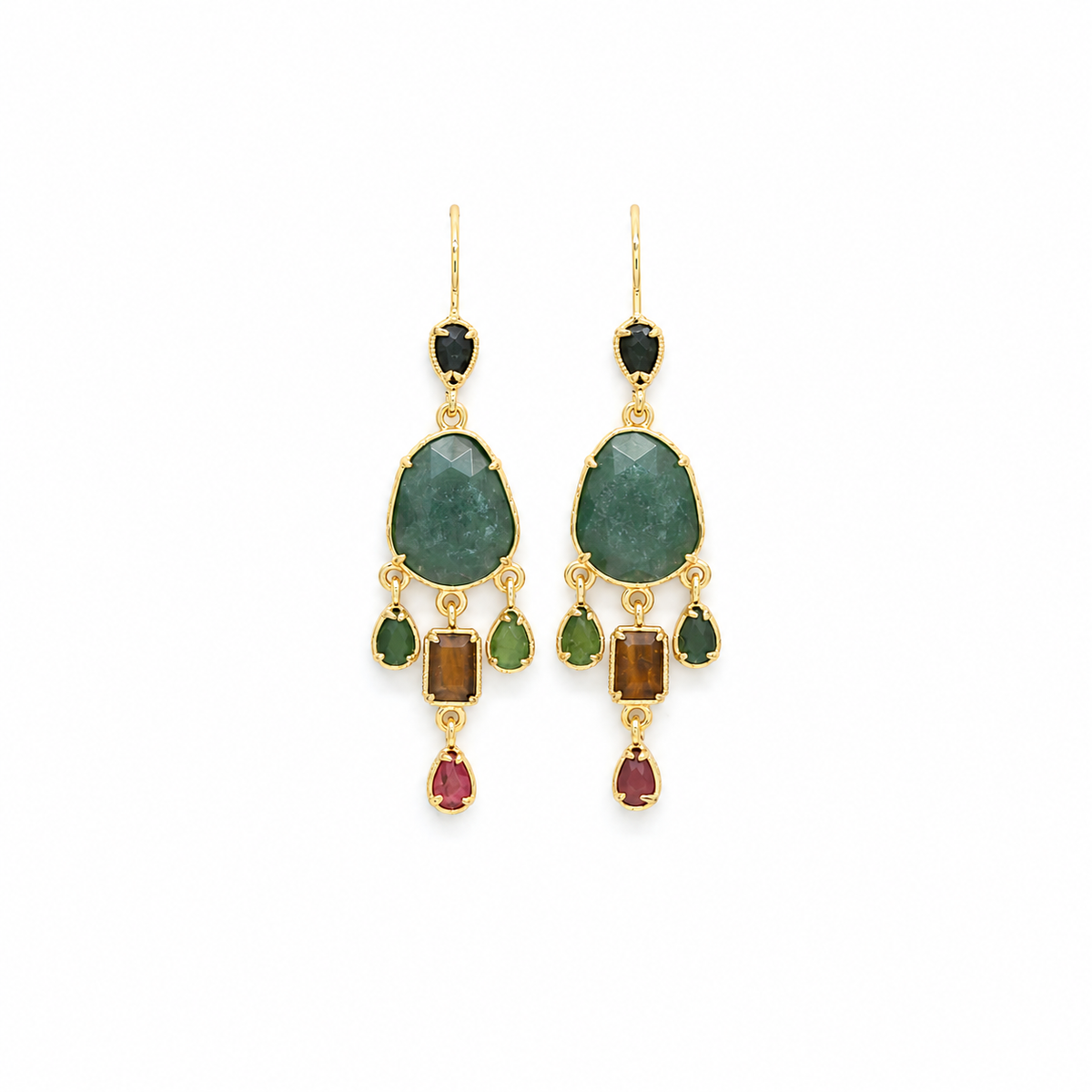 Green Agate Earrings with Mini Stone Dangles - E4-489