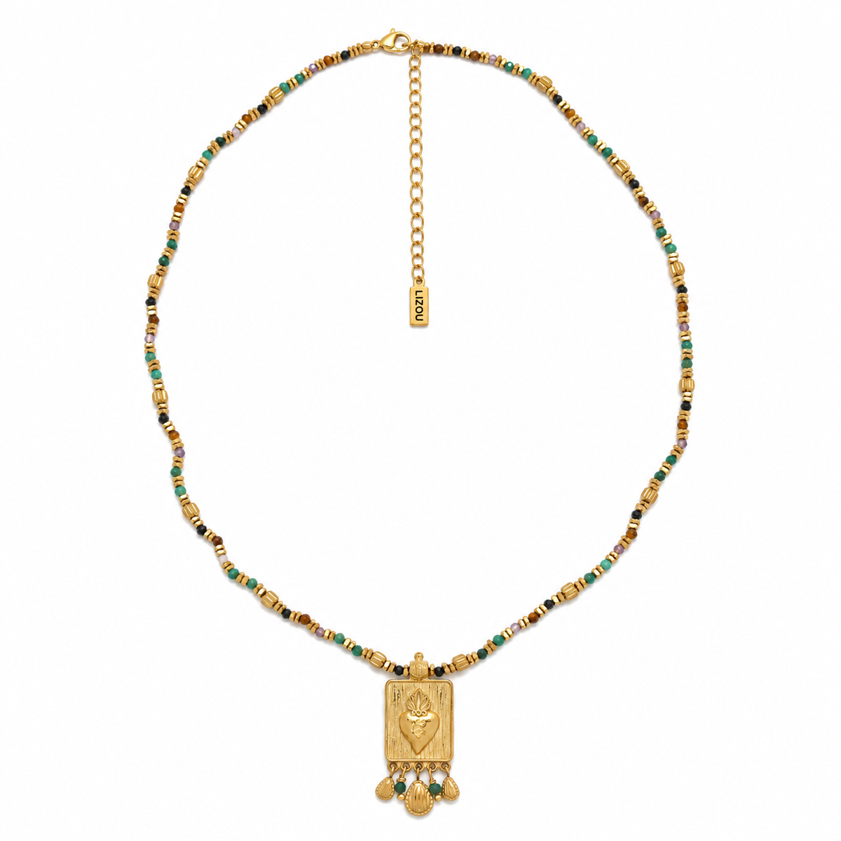 Multi-Stone Necklace with 18K Gold Plate Heart and Dangles - N2-2795A