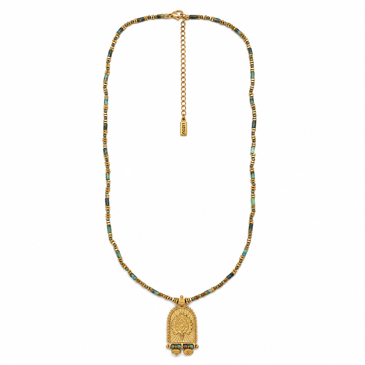 Beaded African Turquoise Tube Stone Necklace with 18K Gold Plate Charm- N2-2794