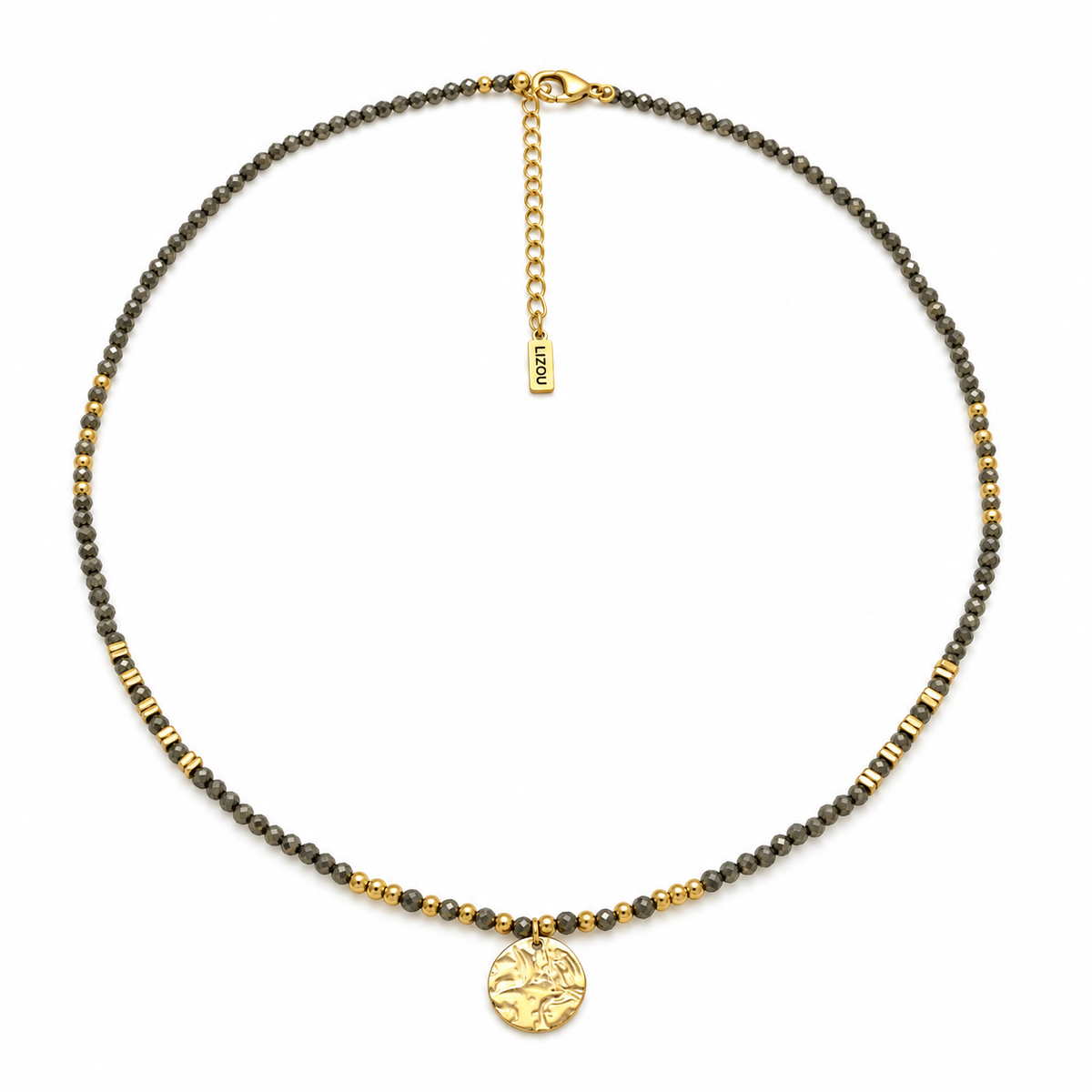 Textured 18K Gold Plate Charm on Pyrite Beaded Short Necklace - N2-2796D