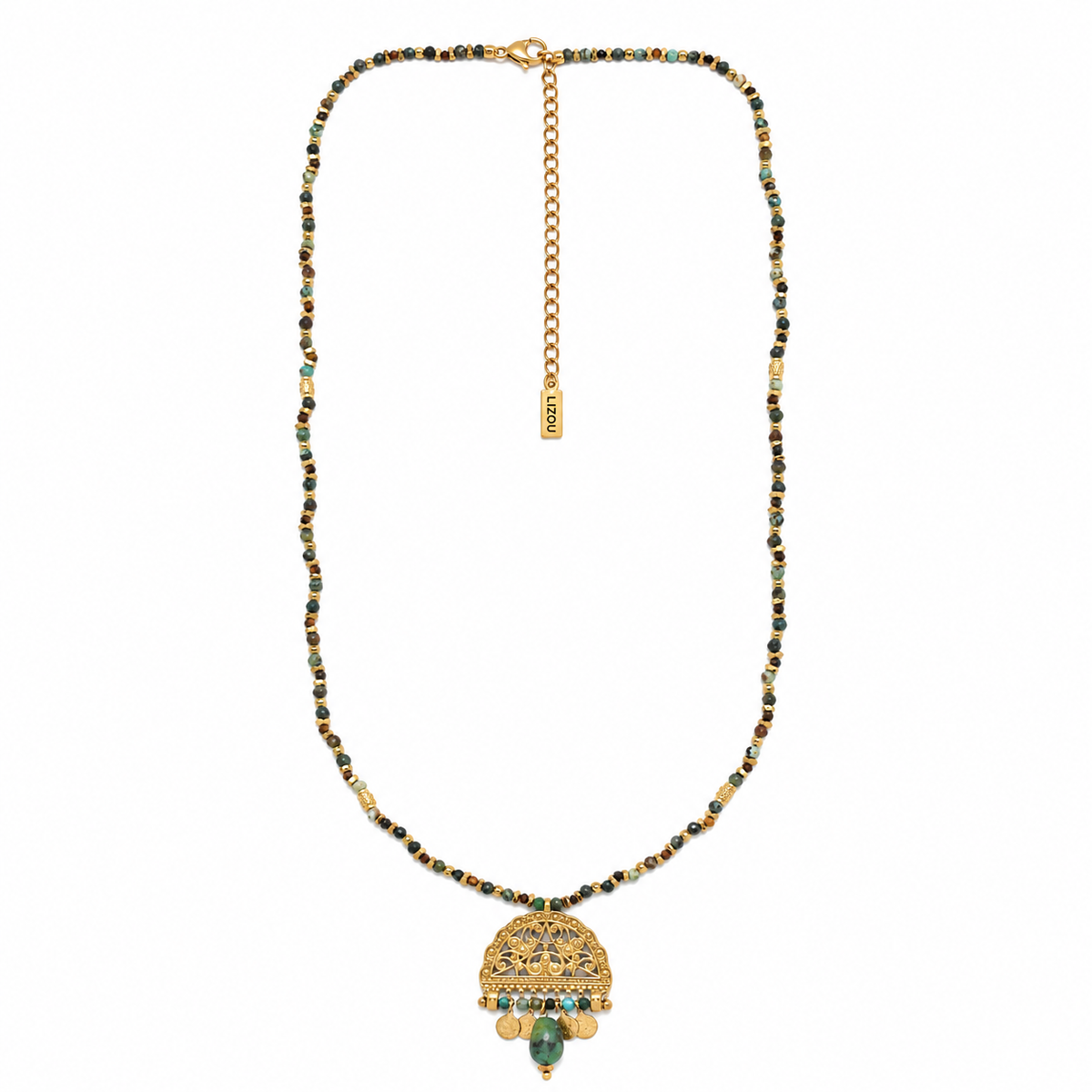 African Turquoise Necklace with 18K Gold Plate Fan Charm - N2-2797