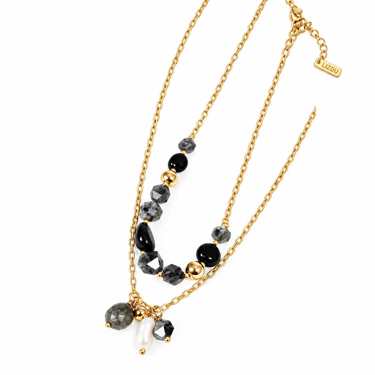 Two Row 24K Gold Plate and Semi Precious Stone Lariat Style Necklace -French Flair Collection- N2-991
