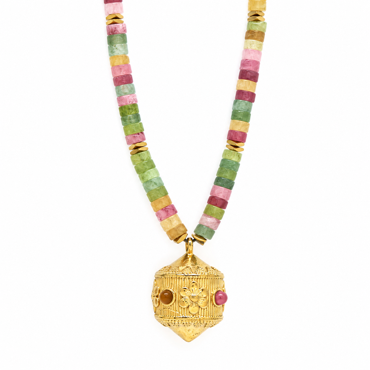 Long Necklace with Rondelle Tourmaline Beads and Floral Bead- N2-2798A