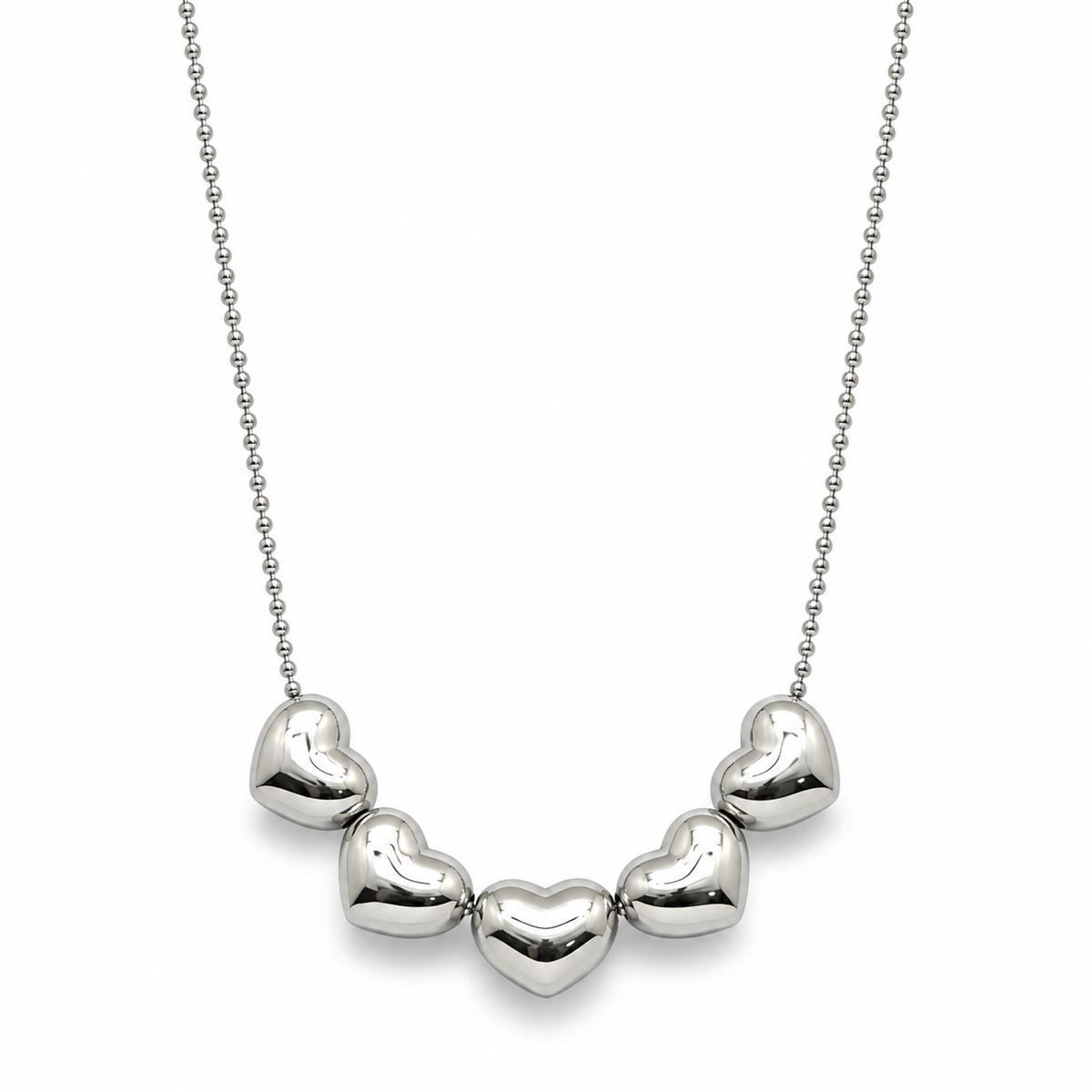 Silver Five Puff Heart Gorgeous Long Necklace -French Flair Collection- N2-2277