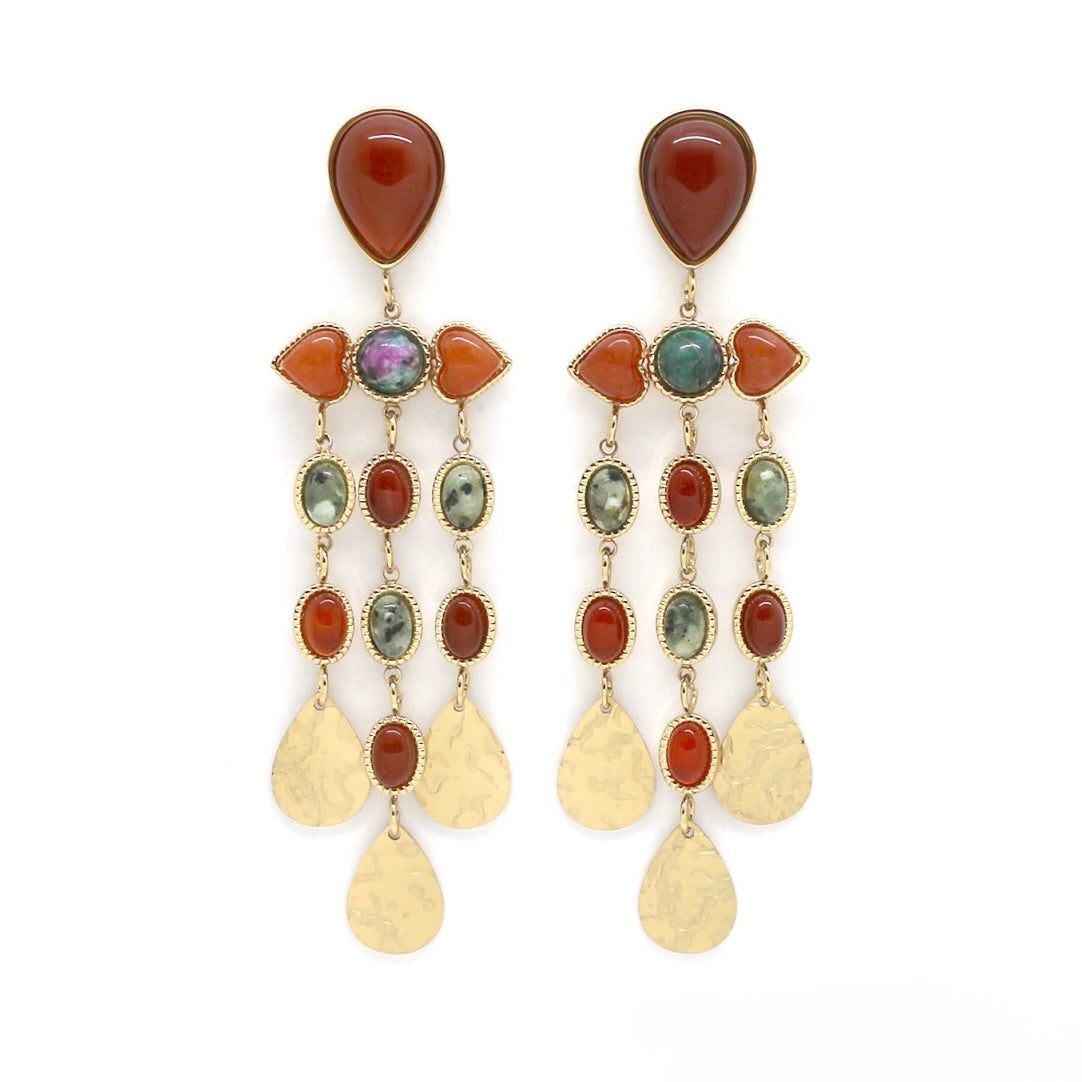 Red Carnelian African Turquoise Fringe Earrings - E4-381