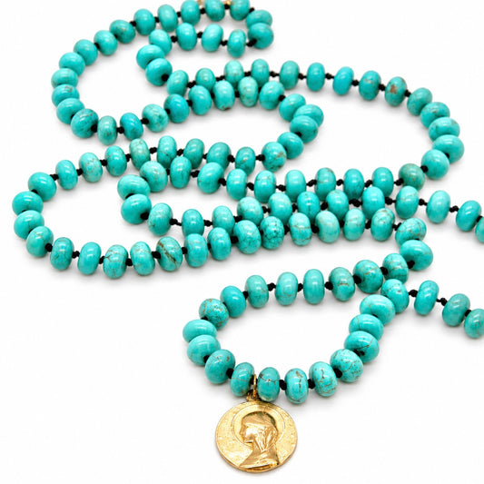 Turquoise Rondelle Bead Hand-knotted French Religious Medal Long Necklace - FMN17