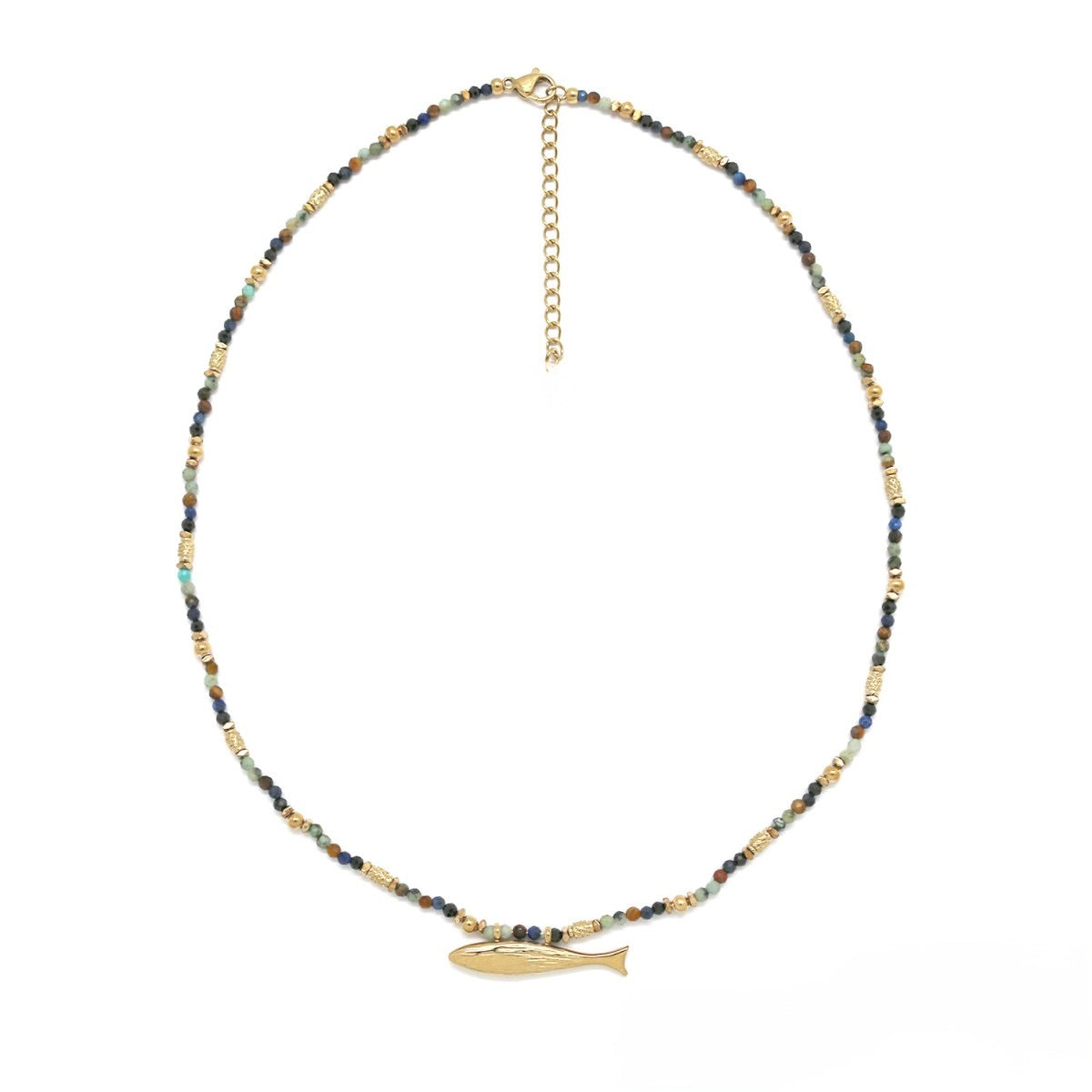 Blue Mixed Stone Gold Fish Pendant Necklace - N2-2745B