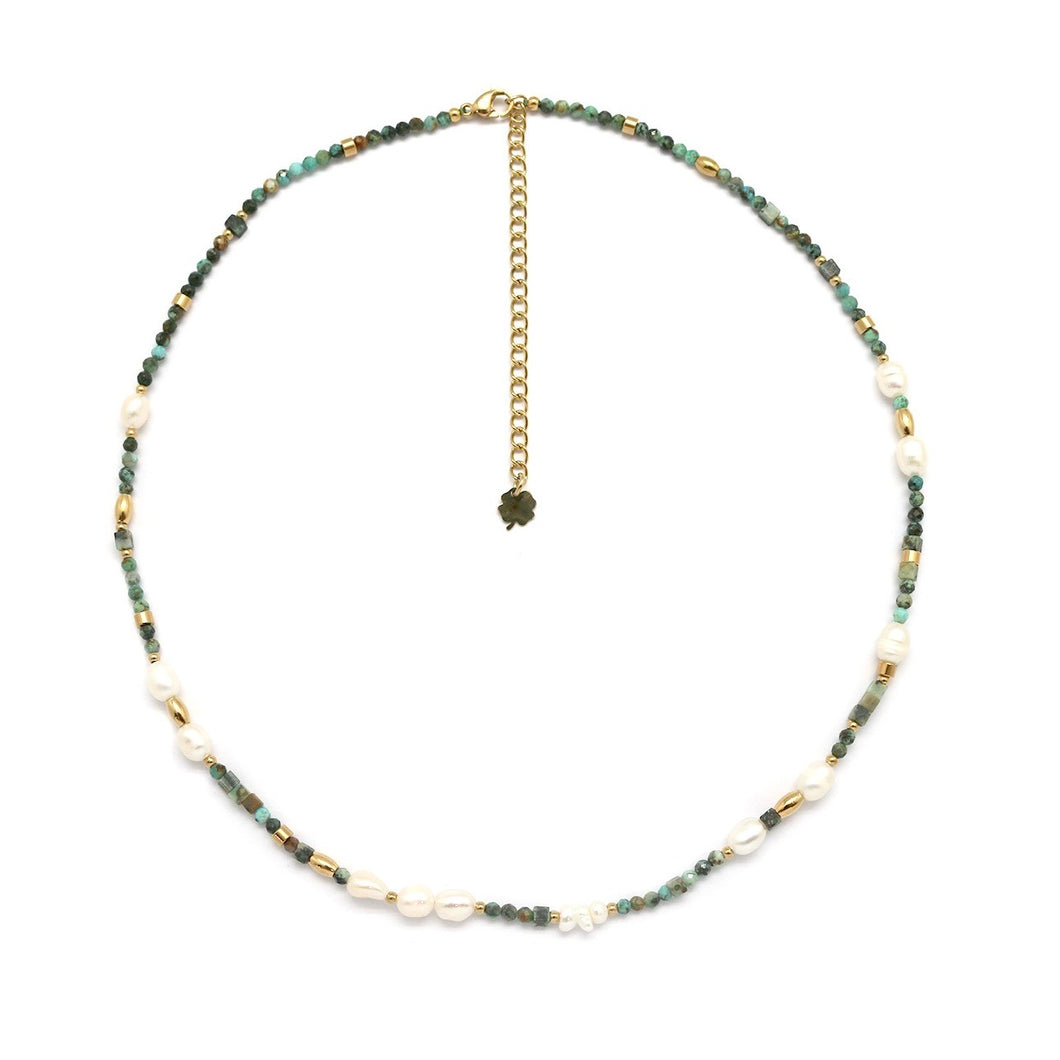 African Turquoise and Freshwater Pearl Short Necklace -French Flair Collection- N2-2305