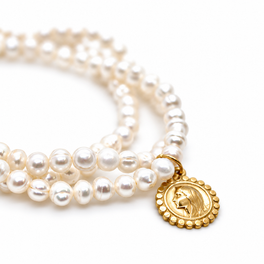 Mini Freshwater Pearl Cluster Stretch French Religious Medal Bracelet - FMB06B
