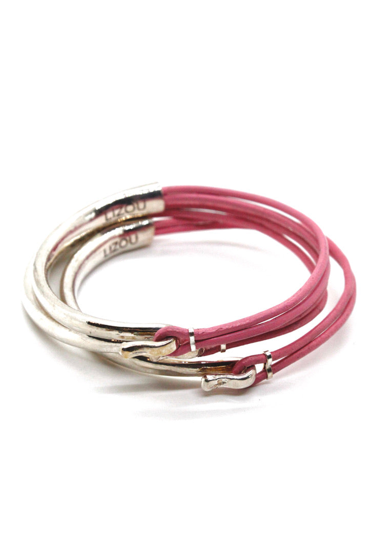 Bubble Gum Leather + Sterling Silver Plate Bangle Bracelet