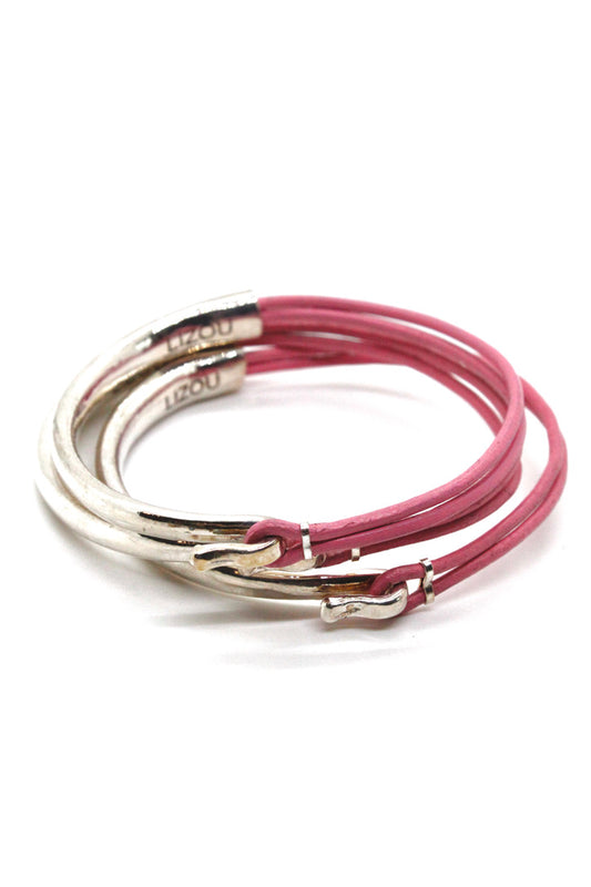 Bubble Gum Leather + Sterling Silver Plate Bangle Bracelet