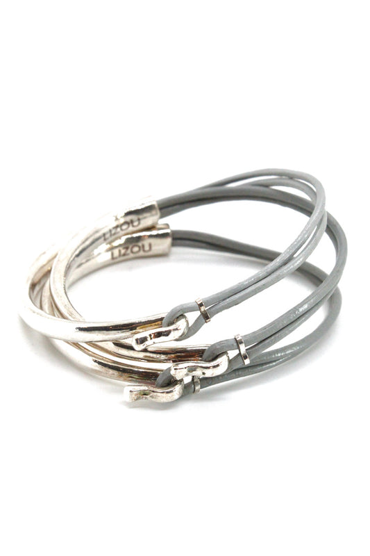 Light Grey Leather + Sterling Silver Plate Bangle Bracelet
