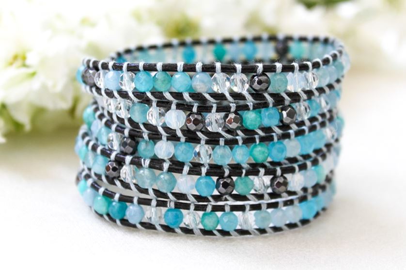 Aqua - Mixed Crystals Leather Wrap Bracelet