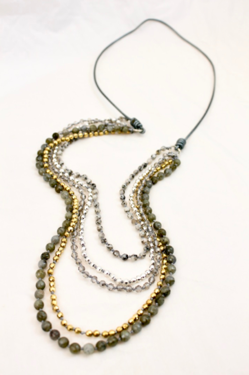 Semi Precious Stone Mix Hand Knotted Long Necklace on Genuine Leather -Layers Collection- NLL-Coin