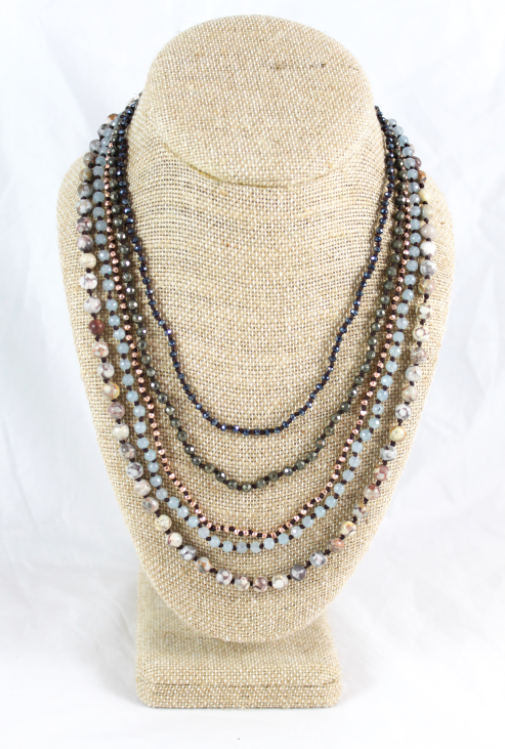 Semi Precious Stone Mix Hand Knotted Long Necklace on Genuine Leather -Layers Collection- NLL-Comet
