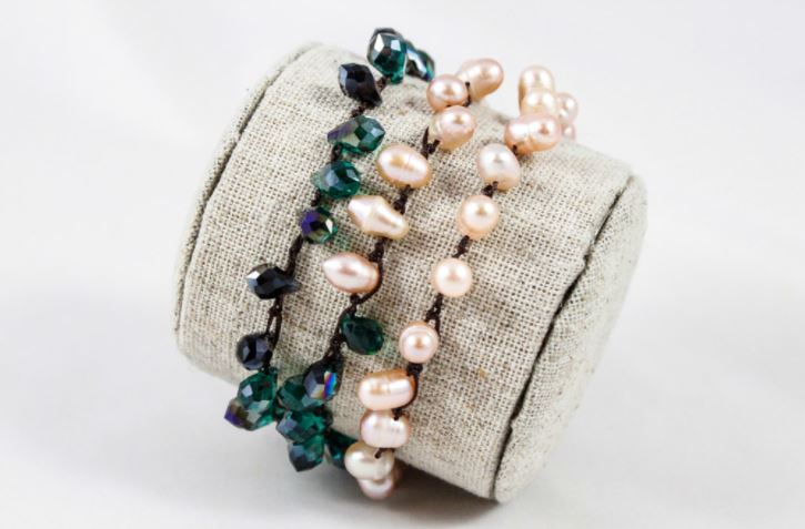 Hand Knotted Convertible Crochet Bracelet, Necklace, or Headband, Freshwater Pearls and Crystals - WR-056