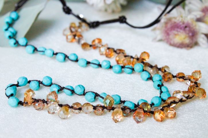 Hand Knotted Convertible Crochet Bracelet, Necklace, or Headband, Turquoise and Crystals - WR-030