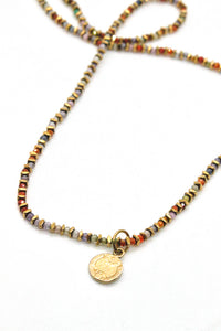 Orange Mix Crystal and 24K Gold Plate Short Necklace with Small Reversible French Religious Medal -French Medals Collection- N6-002