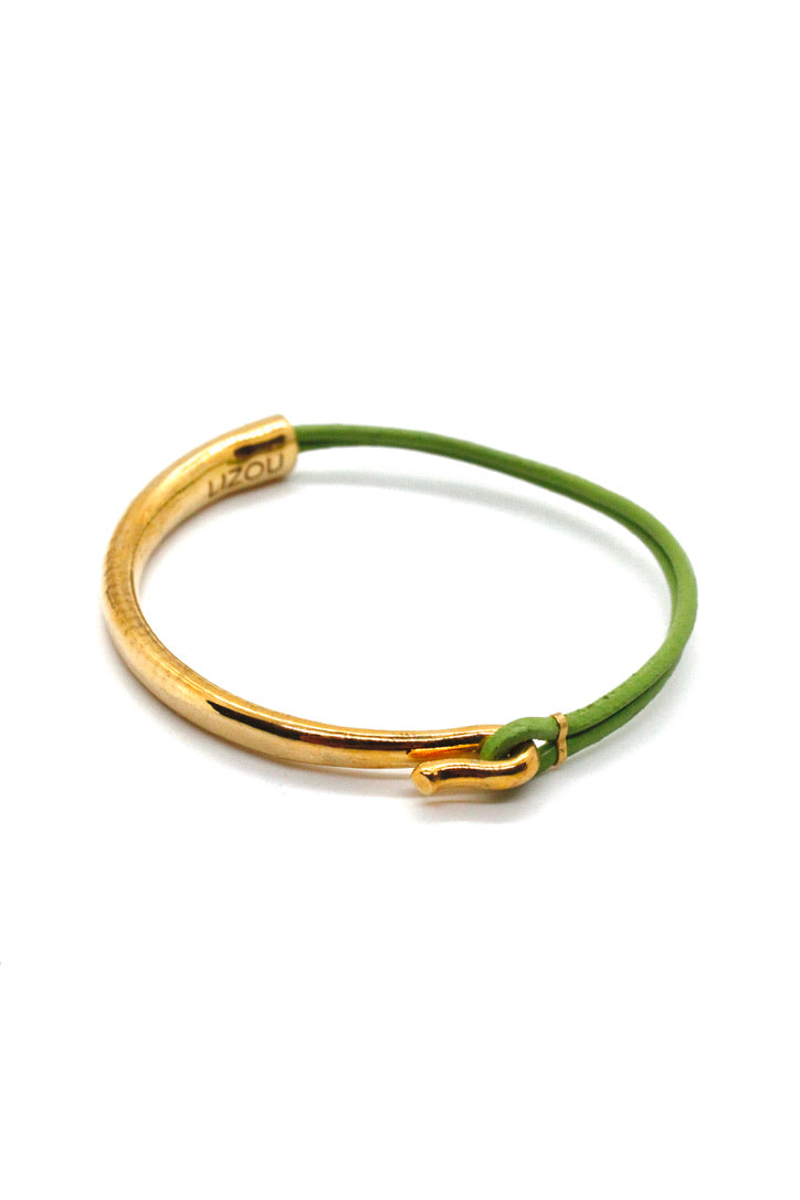 Light Green Leather + 24K Gold Plate Bangle Bracelet