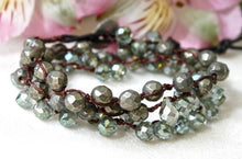 Load image into Gallery viewer, Hand Knotted Convertible Crochet Bracelet, Necklace, or Headband, Pyrite and Crystals - WR-003
