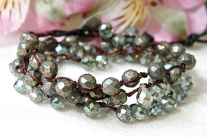 Hand Knotted Convertible Crochet Bracelet, Necklace, or Headband, Pyrite and Crystals - WR-003