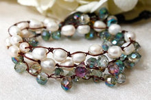 Load image into Gallery viewer, Hand Knotted Convertible Crochet Bracelet, Necklace, or Headband, White Freshwater Pearls and Crystals - WR-004

