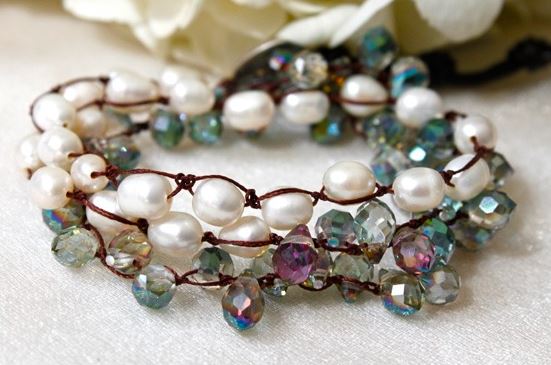 Hand Knotted Convertible Crochet Bracelet, Necklace, or Headband, White Freshwater Pearls and Crystals - WR-004