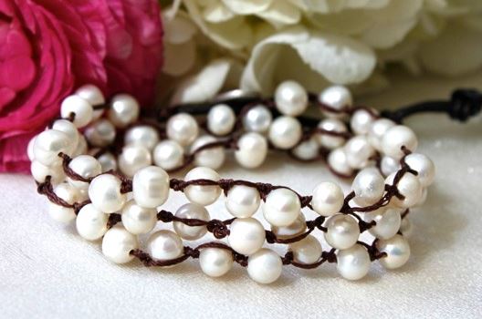 Hand Knotted Convertible Crochet Bracelet, Necklace, or Headband, White Freshwater Pearls - WR-002