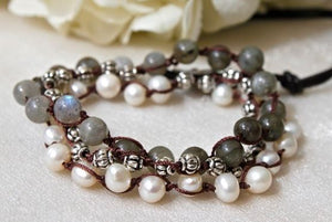 Hand Knotted Convertible Crochet Bracelet, Necklace, or Headband, Labradorite and Freshwater Pearls - WR-005