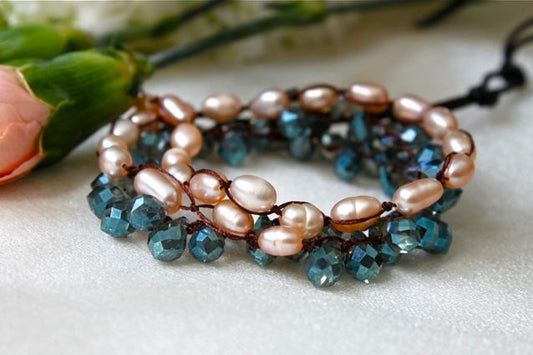 Hand Knotted Convertible Crochet Bracelet, Necklace, or Headband, Freshwater Pearls and Crystals - WR-001