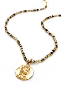Faceted Phrenite and 24K Gold Plate Necklace with Reversible French Gold Religious Charm -French Medals Collection- N6-005