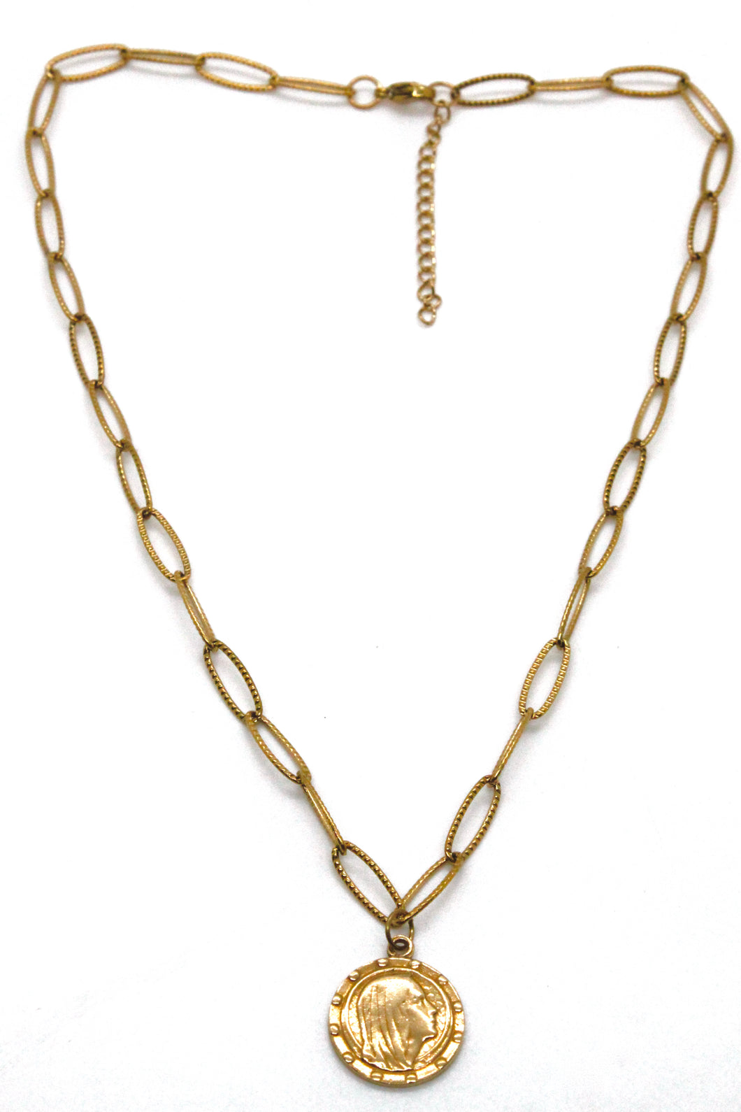 Short Gold Antique Style Chain Necklace with Gold French Religious Charm -French Medals Collection- N6-013