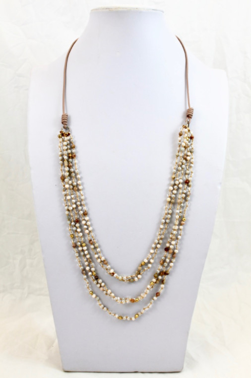 Semi Precious Stone and Crystal Mix Hand Knotted Long Necklace on Genuine Leather -Layers Collection- NLL-Darling