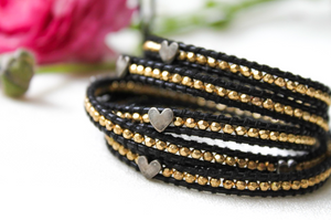 Heart - 24K Gold Plate with Silver Hearts Leather Wrap Bracelet