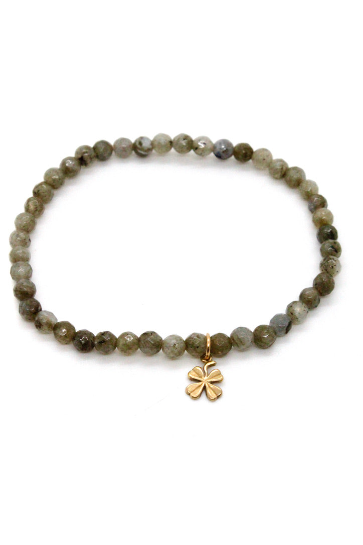 Mini Labradorite Bracelet with Lucky Gold Shamrock Charm -French Medals Collection- B6-024