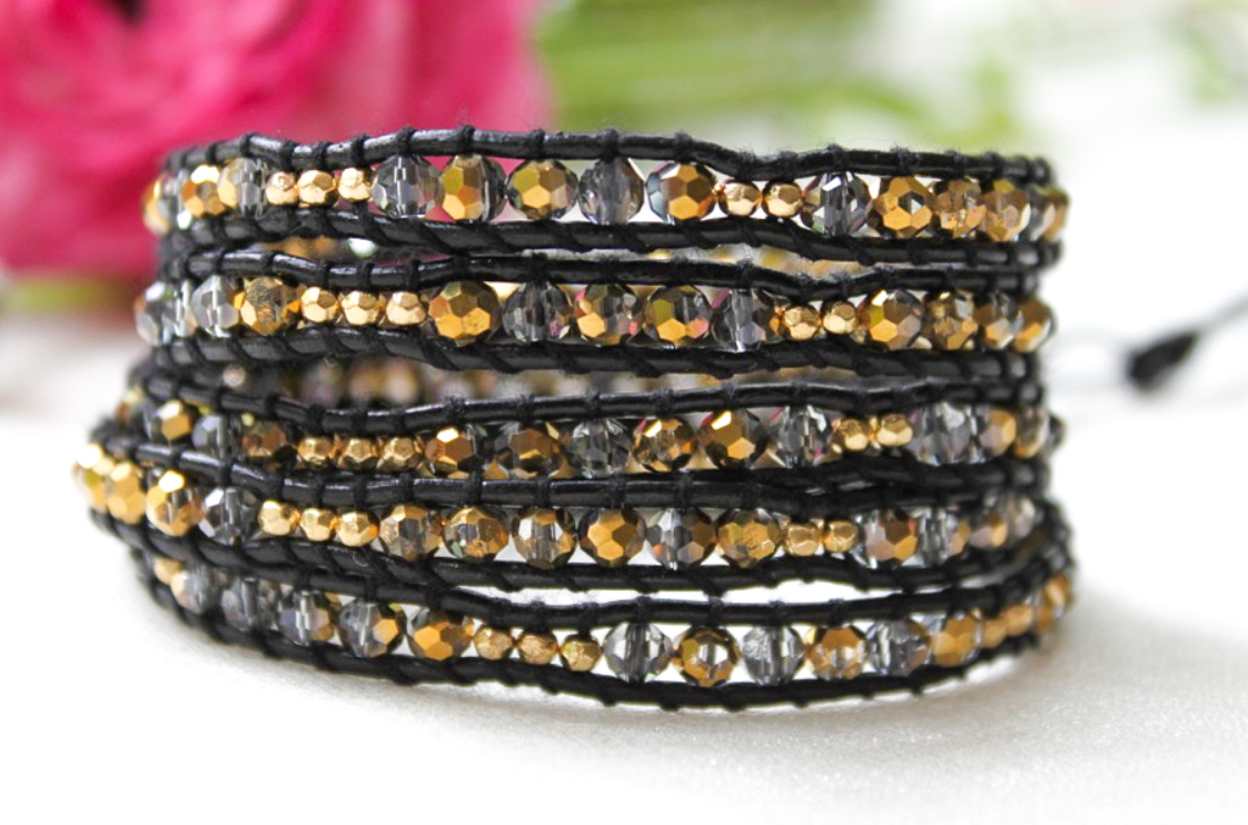 Gold - Crystal Dipped Leather Wrap Bracelet