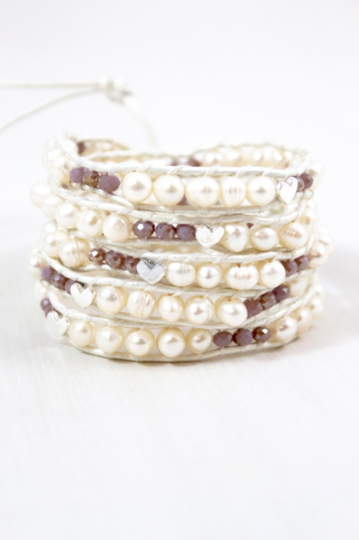 Korra - Freshwater Pearls and Hearts Leather Wrap Bracelet