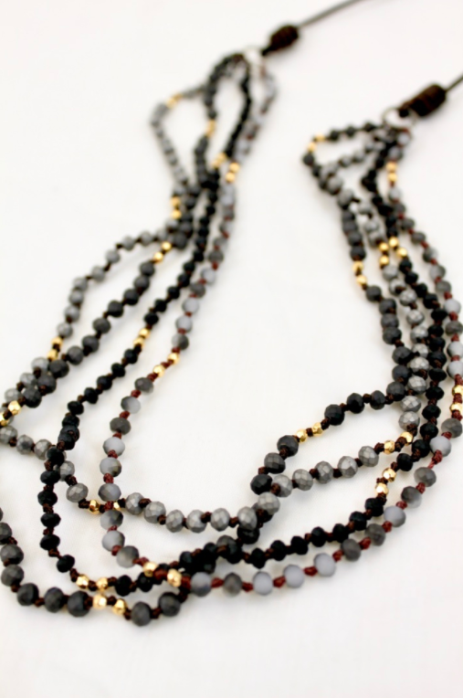 Matte Crystals Hand Knotted Long Necklace on Genuine Leather -Layers Collection- NLL-057
