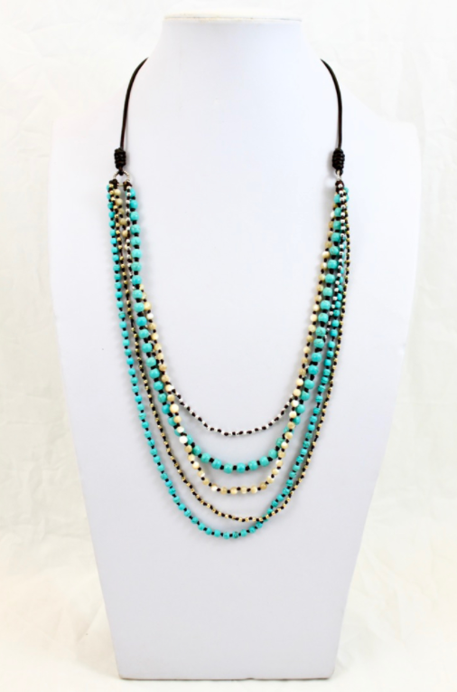 Turquoise Mix Hand Knotted Long Necklace on Genuine Leather -Layers Collection- NLL-Eclipse
