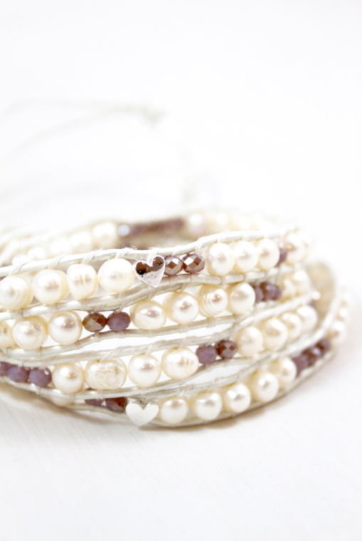 Korra - Freshwater Pearls and Hearts Leather Wrap Bracelet