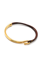 Load image into Gallery viewer, Natural Dark Brown Leather + 24K Gold Plate Bangle Bracelet
